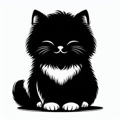 Adorable fluffy black kitten sitting with closed eyes and a happy expression