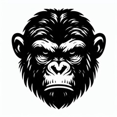 Fierce gorilla face with intense gaze in black and white illustration