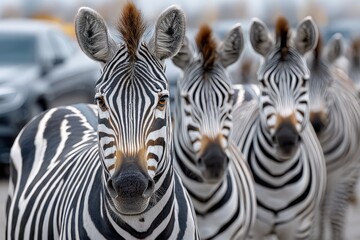 Naklejka premium Zebras standing confidently in a line at a wildlife reserve during daylight hours