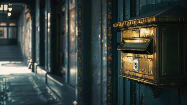 A gold mailbox sits on the side of a building, waiting for mail delivery