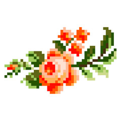 pixel art of flower with green leaves and red petals. The flower is in the center of the image and surrounded by green leaves. design for all business