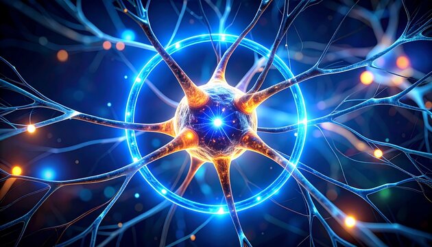 Illustration of Nerve Cell Structure with Glowing Connections