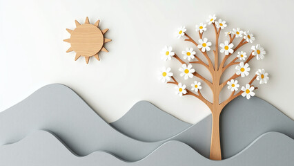 A paper craft scene with a sun, tree, and mountains.