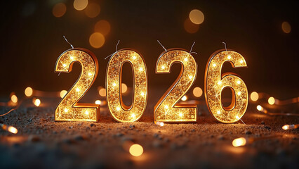 Glowing golden numbers "2026" with festive lights.