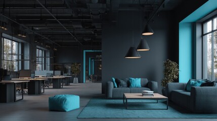 Dark industrial office interior with turquoise decor and modern furniture, no logos, no brands