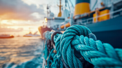 Obraz premium Vibrant teal rope on a large vessel at a serene sunset over the ocean, symbolizing calm sea adventures and voyages.