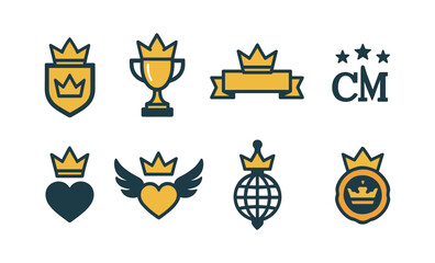 Minimalist heraldic icons with crowns and symbols in two-tone design