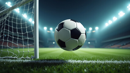 Soccer ball resting near the goalpost on a well-lit field.