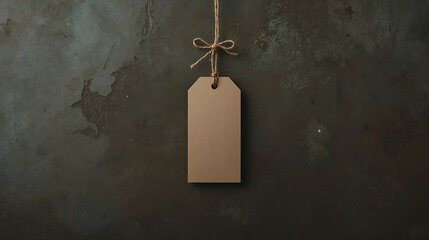 The minimalist composition features a blank kraft paper tag suspended against a dark, textured plaster wall, with moody lighting, centered framing, and high detail.