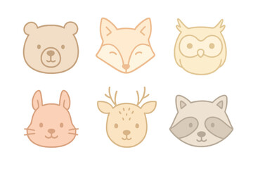 Pastel thin line icons of forest animal faces like bear, fox, and deer in soft colors. Perfect for woodland and children’s illustrations.