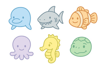 Pastel thin line icons of marine animal faces like dolphin, shark, and clownfish in soft colors. Perfect for ocean and children’s illustrations.
