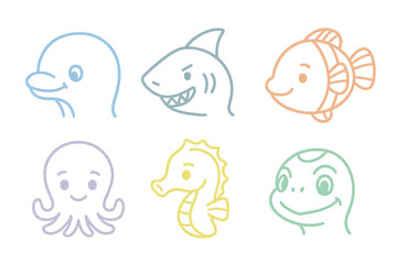 Hand-drawn cartoon faces of sea animals including turtle, seahorse, and octopus with light pastel outlines. Ideal for aquatic design and stock use.