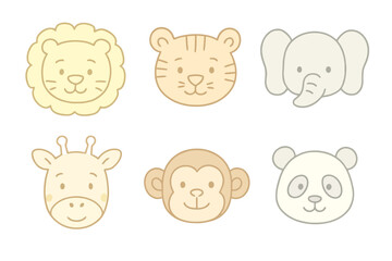 Hand-drawn cartoon faces of wild animals including panda, elephant, and monkey with light pastel outlines. Ideal for kids’ graphics and stock resources.