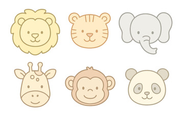 Obraz premium Pastel thin line icons of wild animal faces like lion, tiger, and giraffe in soft colors. Perfect for educational and playful wildlife designs.