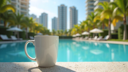 A white mug placed near a pool with palm trees and buildings in the background.