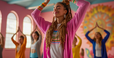 Obraz premium Serene young woman practicing mindfulness with closed eyes and raised arms in a vibrant yoga studio, promoting wellness and spiritual tranquility.