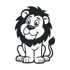 Fototapeta premium Cute cartoon lion with mane sitting smiling in black and white outline