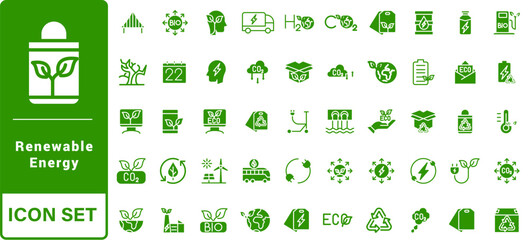 Renewable Energy Icon Set. A dynamic collection of icons showcasing sustainable energy solutions, perfect for environmental projects, educational materials, and green technology applications