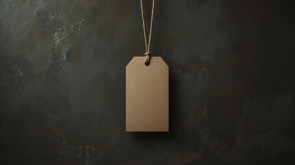 The minimalist composition features a blank kraft paper tag suspended against a dark, textured plaster wall, with moody lighting, centered framing, and high detail.