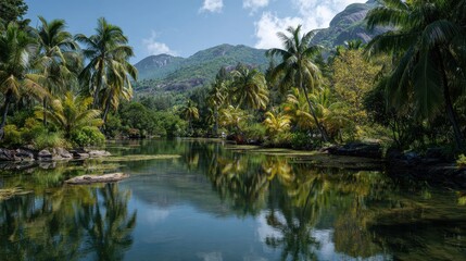 lake and palms, Mahe island, Seychelles, no logos, no brands