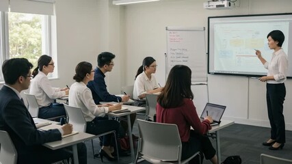 Dynamic Business Training: Asian Instructor Leads Diverse Team in Modern Classroom.
