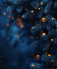 dark blue christmas fir tree background with golden glowing lights