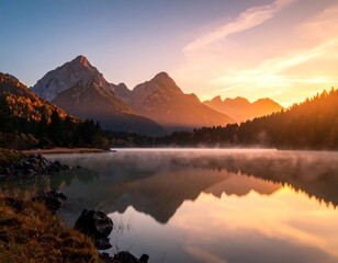 Serene autumnal sunrise over a tranquil mountain lake
