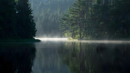 A calm lake nestled within a pine forest, with gentle morning mist rising from the water. The scene is quiet, fresh, and deeply calming. Perfect for mindfulness themes, forest therapy visuals, and tra
