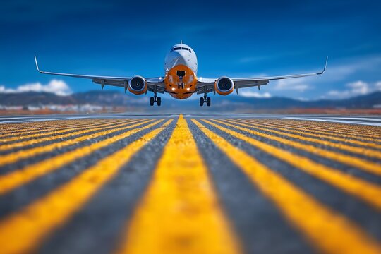 Plane ready for takeoff on runway with vibrant sky  
