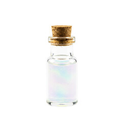 A small, elegant miniature potion bottle of clear smooth glass with iridescent liquid, sealed by a natural cork, perfectly isolated on a transparent background with bright studio lighting. Concept for