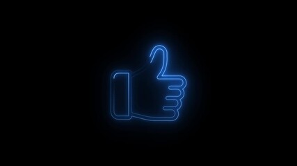 Glowing blue neon thumbs up symbol on black background animation for social media and positive - Powered by Adobe