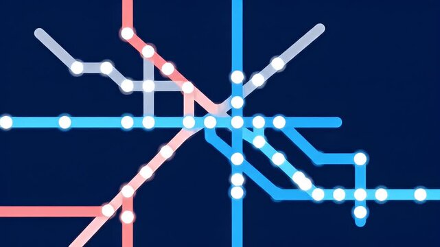 Abstract depiction of a transit map with glowing lines and circles on dark blue