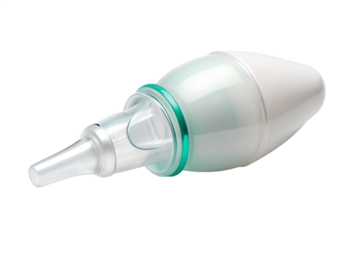 A white and green baby nasal aspirator with a clear suction bulb and tip, isolated on a transparent background