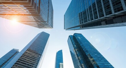 Fototapeta premium Upward view of modern glass skyscrapers in a financial district against a clear blue sky with sun flare. Symbol of corporate architecture, finance, and business success.