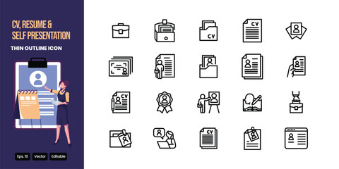 CV resume and self presentation thin outline icon set vector design good for web and mobile app