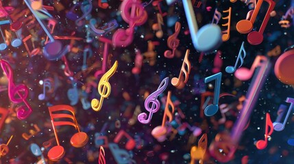 Colorful 3D music notes floating in vibrant space create an artistic and lively atmosphere for any music lover. Generative AI