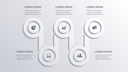 White 3D Business Process Flow Chart with 5 Steps – Timeline Infographic Template Featuring Icons, Arrows, and Circular Design