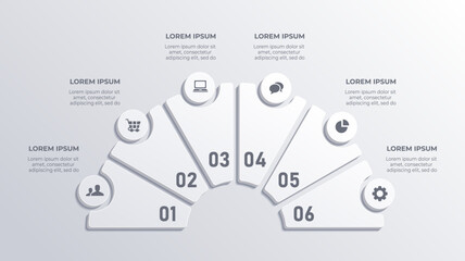 White 3D Flow Chart with 6 Options &ndash; Business Timeline Infographic Template Featuring Statistical Data, Icons, and Web Design Elements