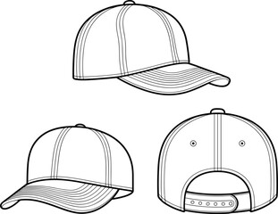 Baseball cap CAD drawing, flat vector illustration, front view, side view, back view, fashion accessory, apparel design, technical sketch