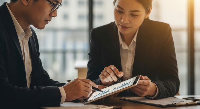 Two Asian business colleagues analyzing financial data on a tablet. Professionals in a meeting reviewing growth charts and planning strategy together.