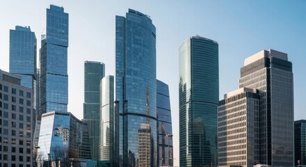 Fototapeta premium Modern cityscape with glass skyscrapers in a bustling financial district on a sunny day. Contemporary urban architecture representing business and finance.