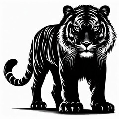 Intense black and white illustration of a powerful tiger