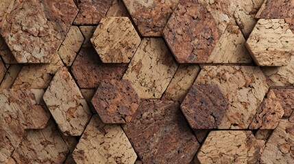 Close-up view of hexagonal cork tiles. Natural, textured surface