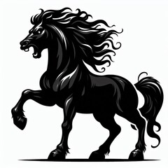 Powerful black stallion rearing up with flowing mane and tail