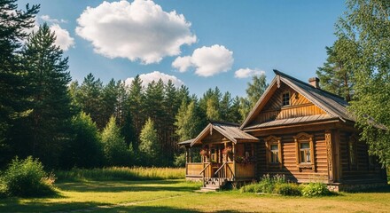 Obraz premium Traditional Russian wooden house in a forest clearing bathed in sunshine. Rural architecture with carved details. Cozy rustic village scene.