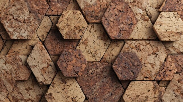 Close-up view of hexagonal cork tiles. Natural, textured surface