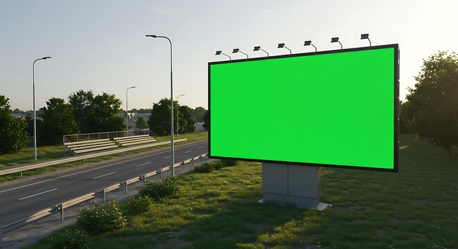 Blank billboard with a chroma key green screen in an urban city setting. Advertising mockup with tracking markers for commercial use. - Powered by Adobe