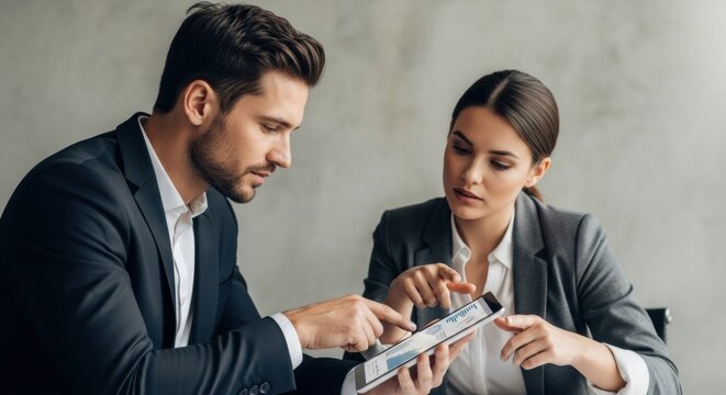 Two professional colleagues in a serious discussion, analyzing business data on a tablet. A man and woman collaborating on a financial report.