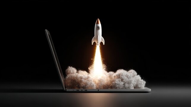Startup concept with rocket flying out of laptop screen on black background. Sideview, 3D Rendering, no logos, no brands