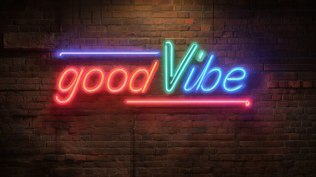 A neon sign that says good vibe on a brick wall